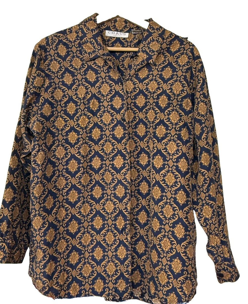 VTG Chaus 100% Silk Shirt Womens 12 Blue Brown Print Button 90s Top